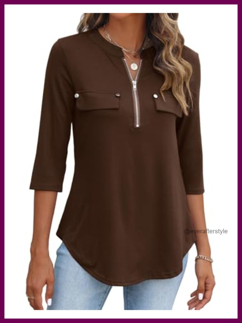 3/4 Sleeve V-Neck Zipper Front Tunic Top Womens Dressy Casual Blouse